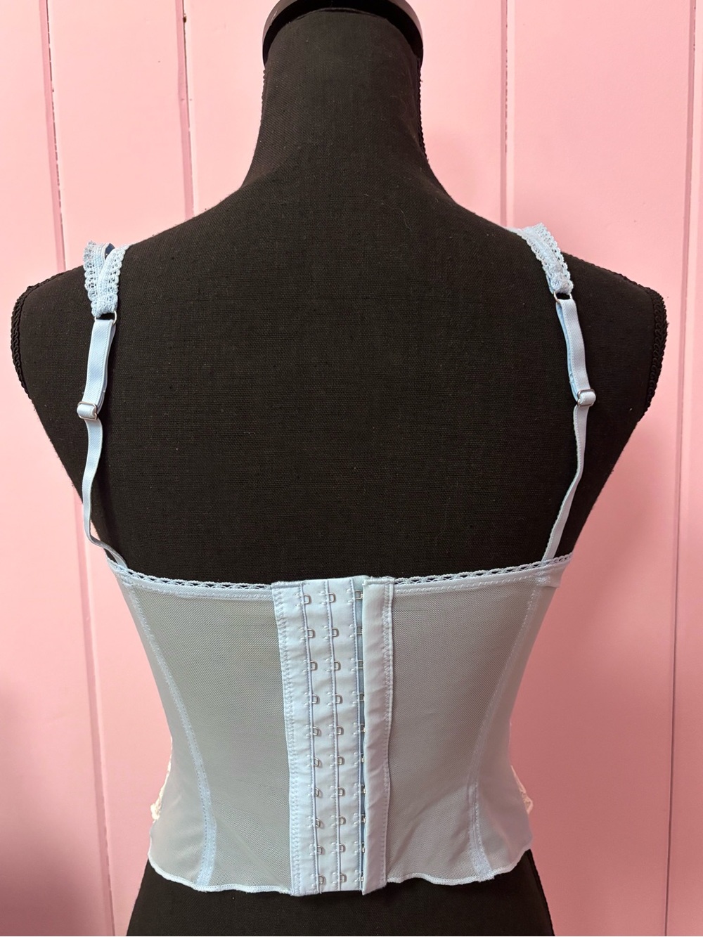 Pastel Blue & White Coquette Floral Lace Sheer Bow Corset Bustier Top - Medium - Picture 6 of 16